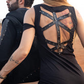 Black minidress with faux leather back details