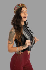 Suspender pant in Thin net fabric.Maroon with ethnic print on suspender and brass studds