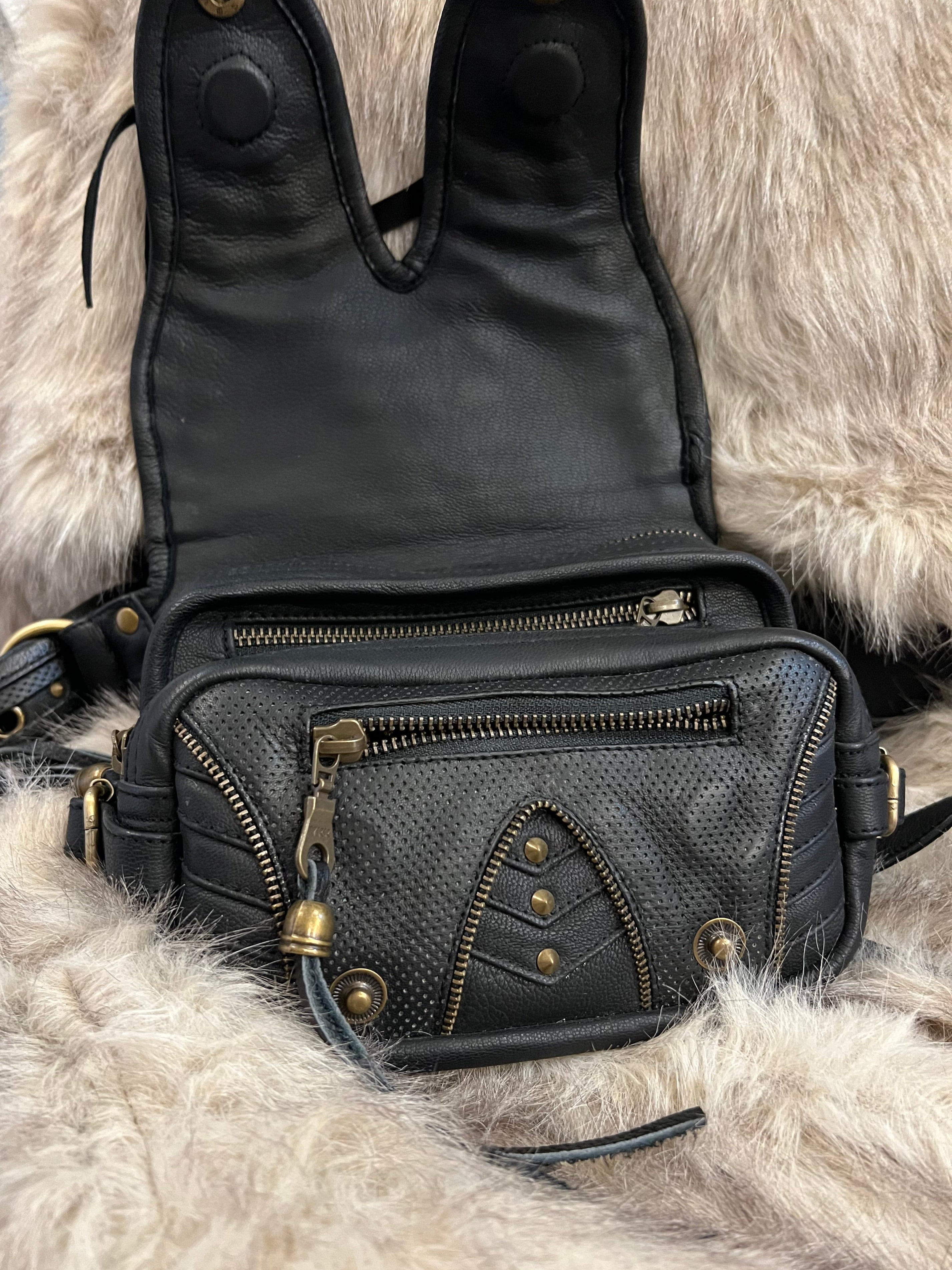 Bespoke leather bag with brass details & belt