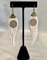 Engraved Feather Freedom Earrings - White & Brass