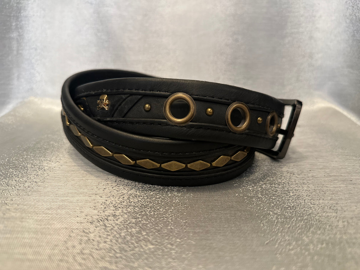 Heart Shaped Soul and Trapezoid Stud, Black Leather, Gold Hardware