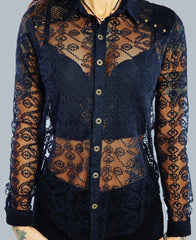 Black Lace shirt with ethno patterns and brass buttons and studs