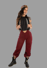 Suspender pant in Thin net fabric.Maroon with ethnic print on suspender and brass studds
